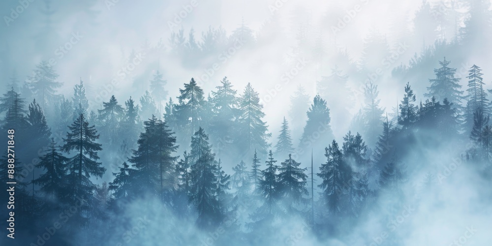 Poster a dense cluster of trees enveloped by mist; suitable for atmospheric backgrounds or nature scenes