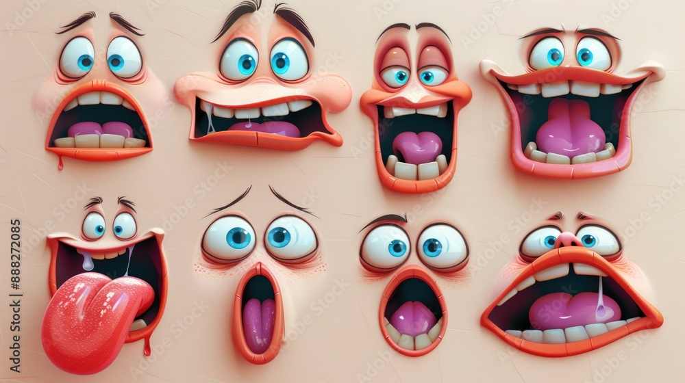 Poster collection of animated characters with exaggerated facial expressions
