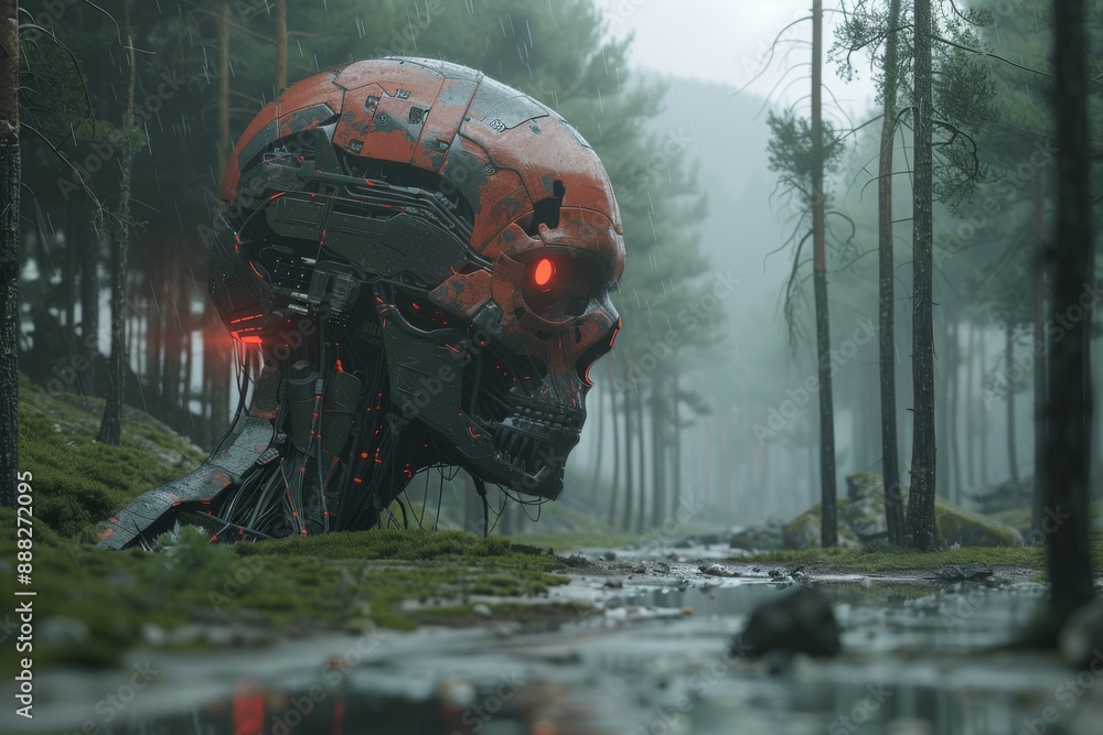 Poster post-apocalyptic scene with a large robotic skull in a misty forest, illustrating the theme of techn