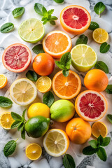 Fototapeta premium Juicy Citrus Assortment on White Marble with Fresh Mint Leaves.