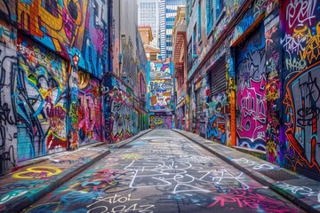 Fototapeta premium This graffiti alley is filled with colorful murals and street art.