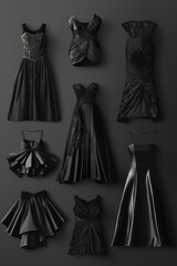 Variety of black dresses displayed on a solid black surface