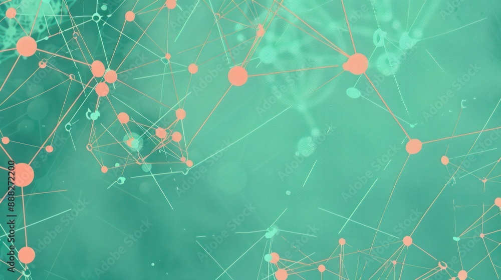 Poster dots of light coral linked by dark green lines on a muted teal canvas, text focus in the upper cente