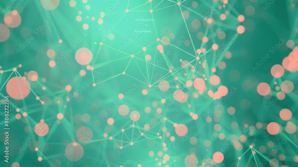 Poster dots of light coral linked by dark green lines on a muted teal canvas, text focus in the upper cente