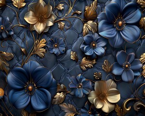 Intricate floral wallpaper with blue and golden flowers on a luxury dark background, 3D render, elegant design.