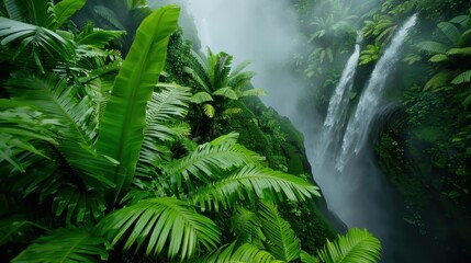 This photograph showcases a serene scene where lush tropical plants are enveloped by a soft mist, with a tall and majestic waterfall cascading in the backdrop.