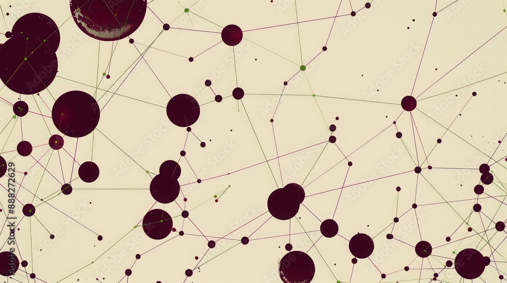 Poster dots of deep maroon connected by olive green lines on a taupe background, designated area for text i