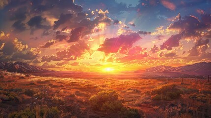 Fototapeta premium A beautiful sunset over a desert landscape. The sky is filled with clouds and the sun is setting, casting a warm glow over the land. The scene is serene and peaceful