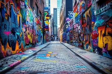 Obraz premium Street art, murals, and spray cans decorate this graffiti alley in the urban environment.