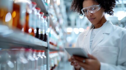 In a laboratory setting, a scientist wearing safety glasses and a white lab coat evaluates samples on a tablet, highlighting research and technology synergy.