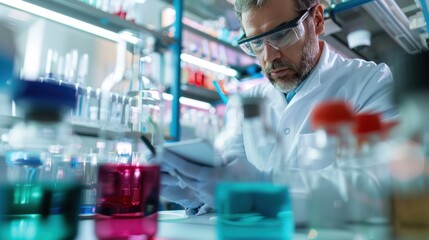 Fototapeta premium A determined scientist in a laboratory, surrounded by glassware and chemicals, is deeply engaged in writing down observations, indicative of a thorough and organized research process.