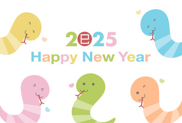 2025年巳年の年賀状イラスト: かわいいカラフルな蛇たち