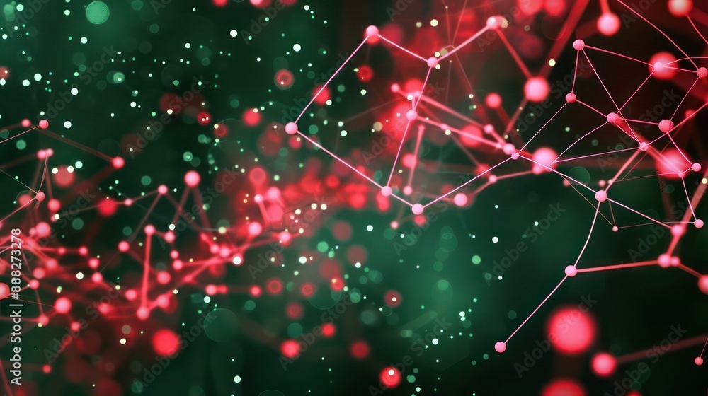 Poster cherry red dots connected by soft pink lines on a dark green canvas, text area in the upper left