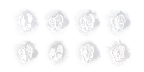 Pacl x 4 Footprints on White Dust: Talcum Powder, Flour, Sand - High-Resolution Stock Images