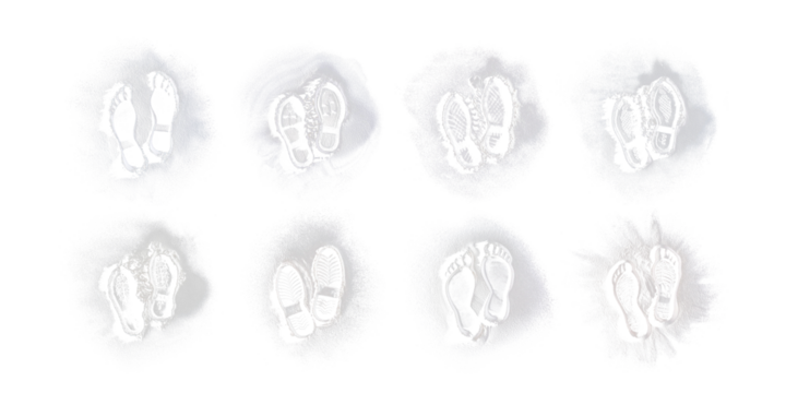 Pacl x 4 Footprints on White Dust: Talcum Powder, Flour, Sand - High-Resolution Stock Images