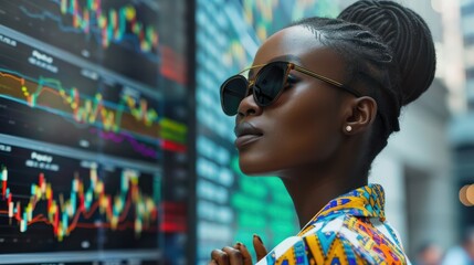 A confident black female trader analyzing stock market data wearing sunglasses