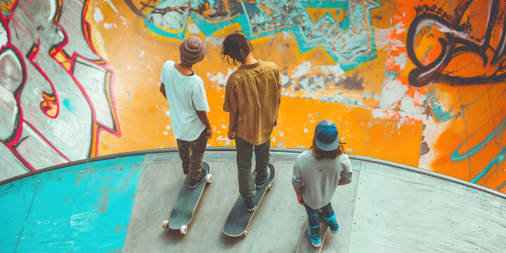 Three skateboarders standing on ramp in graffiti-covered skatepark, skaters preparing for ride on half-pipe, skateboarding culture concept