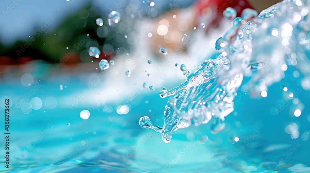 Poster a close-up shot of splashing water droplets in a swimming pool with a blurred summer background, cap