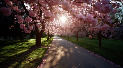 Naklejka premium Sunlight filters through the pink cherry blossoms creating a dappled light effect on a serene pathway, perfect for a tranquil stroll in the heart of nature.