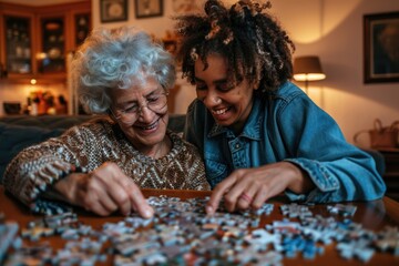 Two women engaging in puzzle solving, suitable for family bonding or cognitive challenge images