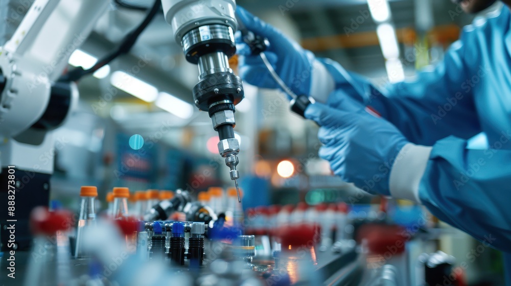 Poster a technician wearing gloves and protective clothing is seen operating a machine on a production line