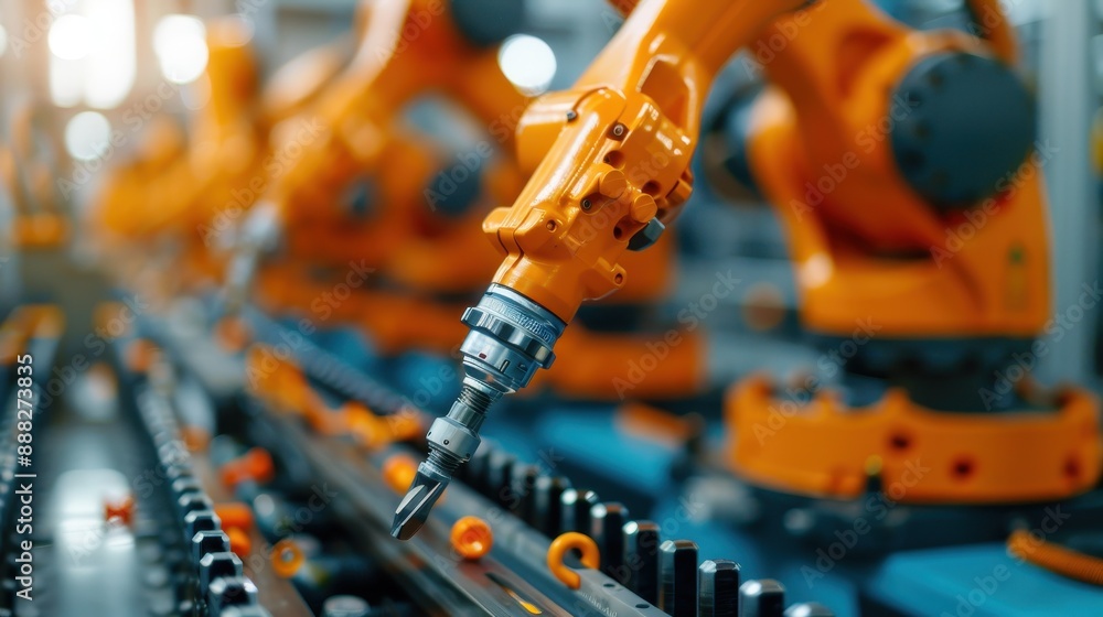 Poster several orange robotic arms are operating in unison on a production line in an advanced manufacturin