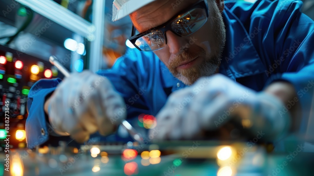 Poster technician in blue uniform and gloves working on a complex electrical circuit board with leds in a h
