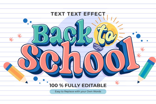 A graphic design text effect for back to school with colorful 3D letters and pencils, editable for personalization.