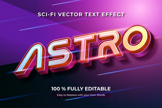Sci-fi vector text effect with the word Astro. The letters are in 3D and have a neon glow, with lines in the background.