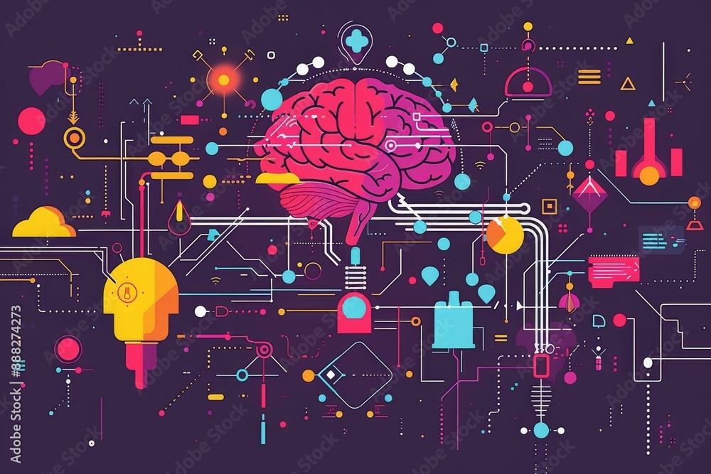 Poster abstract brain infographic with colorful nodes and connections, representing data and analytics in a
