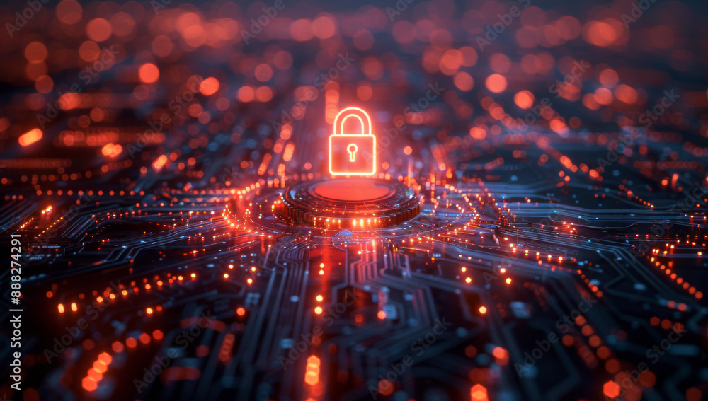 Poster a glowing earth with an illuminated padlock icon floating above it, surrounded by digital circuit pa