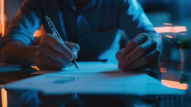 A shareholder signing proxy voting forms, participating remotely in a corporate decision-making process