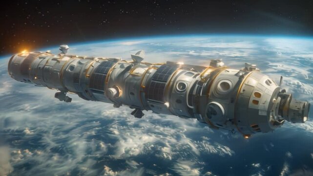 A modular commercial space station orbits Earth with blue skies, white clouds, and the Earths horizon in the background.