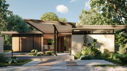 suburban mid-century modern home with a front facade featuring custom ceramic tiles that reflect the artistic style of the era