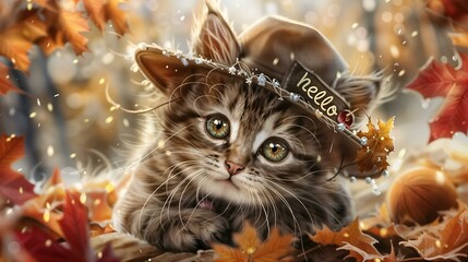 A little kitten on the background of autumn