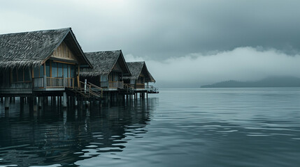 Fototapeta premium Serene overwater bungalows in a misty, tranquil setting with calm waters and a backdrop of fog-covered mountains, creating a peaceful getaway.