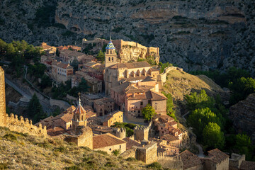 Panoramic view, from the castle, of the artistic historic center of Albarracín, Teruel, Aragon,...
