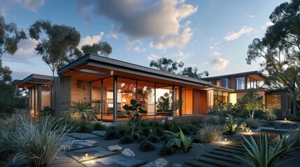 Fototapeta premium eco-friendly Suburban Mid-Century Modern home with integrated rainwater collection and native landscaping