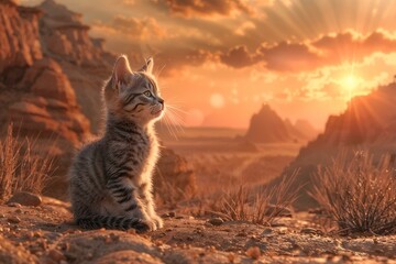 A little kitten is sitting on a big stone.