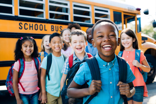 Joyful Group of Diverse Children Smiling on Their First Day of School in Front of a Yellow School Bus