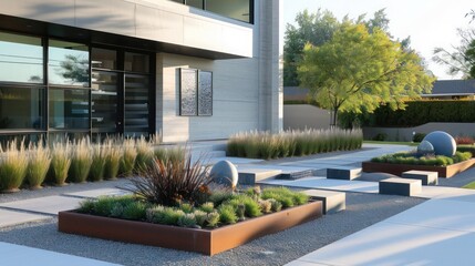Naklejka premium detail of the landscaping in front of a suburban modern home, featuring geometric planting beds and modern art pieces