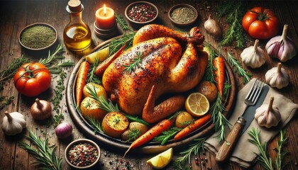 Herb-Roasted Chicken: A whole roasted chicken infused with rosemary, thyme, and lemon, served with roasted potatoes and carrots, with fresh herbs and spices on the side.