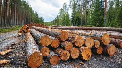 A large pile of spruce logs sits in a forest clearing, with the trunks of trees visible in the background