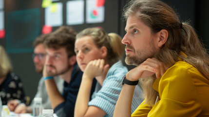 Fototapeta premium Team members actively participating in a workshop, learning and interactive, right third copy space