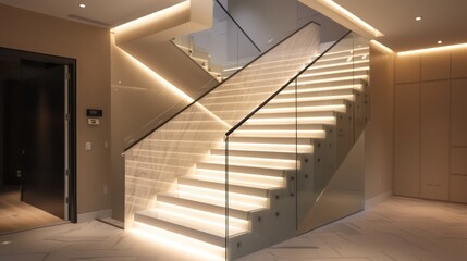 elegant, minimalist stairway in a suburban contemporary home, with glass railings and hidden lighting