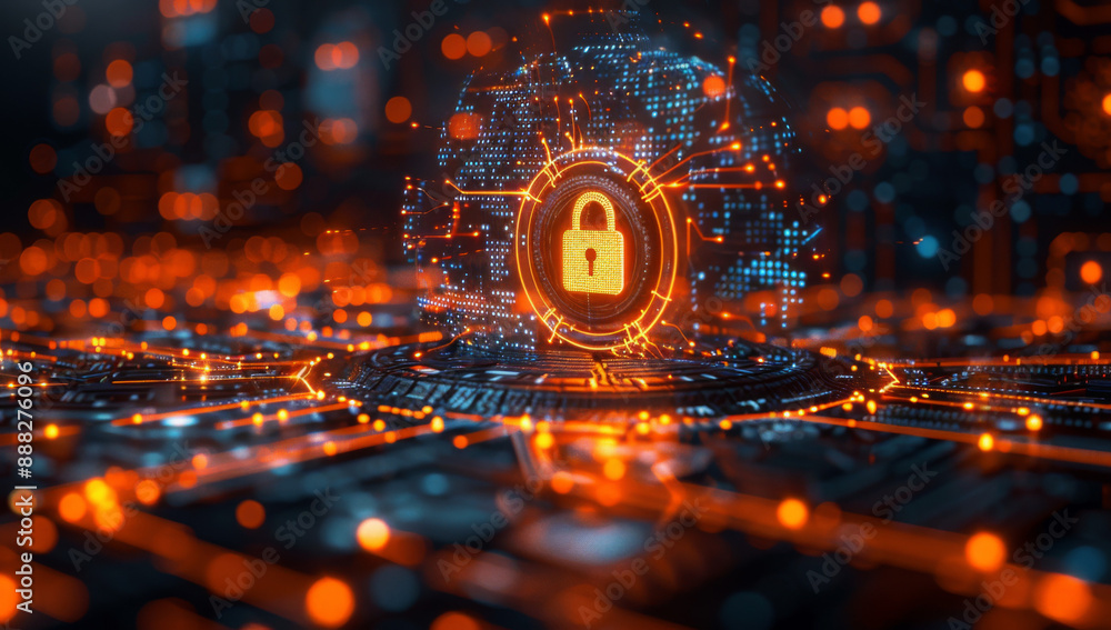 Poster a digital earth with glowing padlock icon on it, surrounded by circuit patterns in the background, s