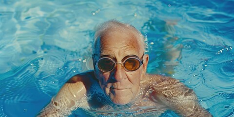 Naklejka premium senior swimmer equipped with protective eyewear, suitable for family-friendly sports imagery or senior health fitness contexts