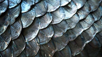 Fototapeta premium Macro photography of organic texture of silver metallic scales, background with closed up detailed natural shining fish scales structure, AI generated image