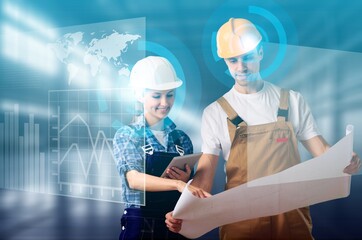 Infographic interface with engineer hold blueprint