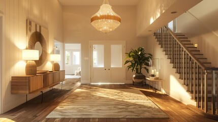 elegant Suburban Mid-Century Modern foyer with a statement chandelier and a simple yet sophisticated decor